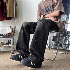 美式高街破洞牛仔裤男秋季潮牌复古宽松阔腿直筒男裤子RK2049-P45，男装牛仔裤，星座412-3
