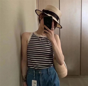 法式条纹针织背心女夏2025新款短款百搭,女装背心吊带,沐策羊绒
