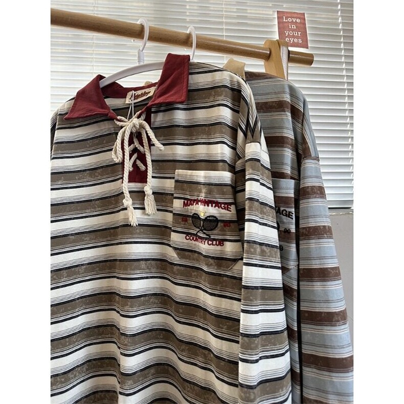 W9494-P45网图现货美式高街撞色条纹设计感宽松POLO长袖T恤衫,男装T恤,星座1608-2