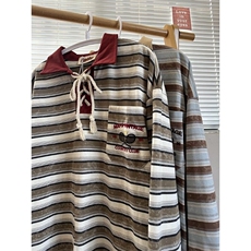 W9494-P45网图现货美式高街撞色条纹设计感宽松POLO长袖T恤衫，男装T恤，星座1608-2