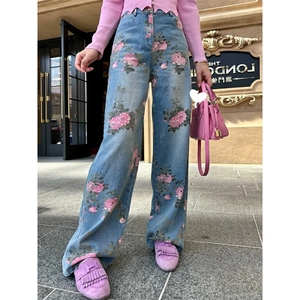 美式复古玫瑰印花弯刀牛仔裤男女款宽松直筒裤P42YW9141