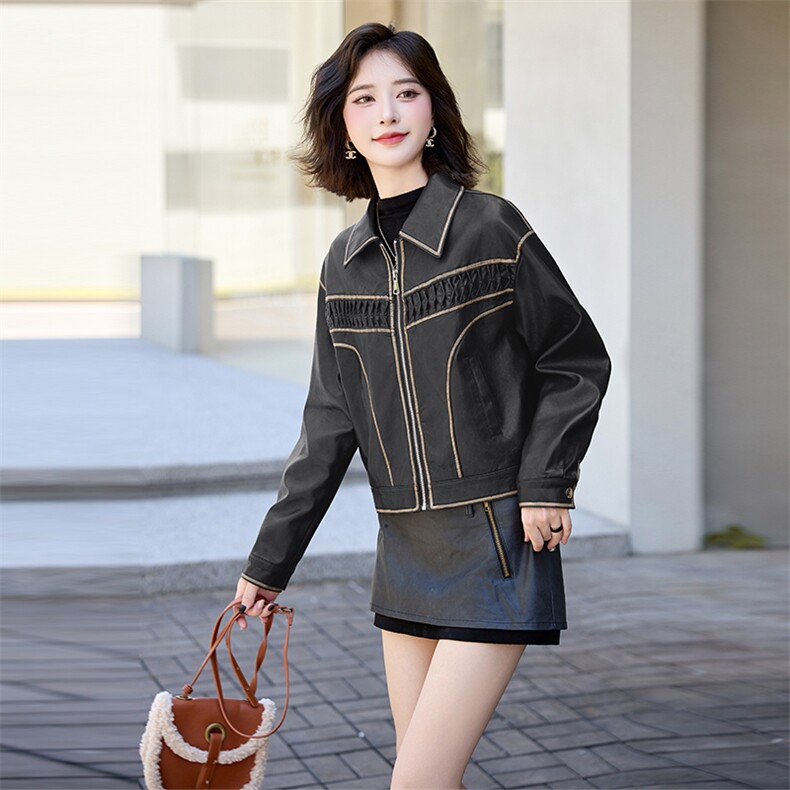 翻领皮衣外套女2024春秋季新款小个子宽松显瘦超好看pu皮夹克上衣,女装皮衣,跑量工厂店