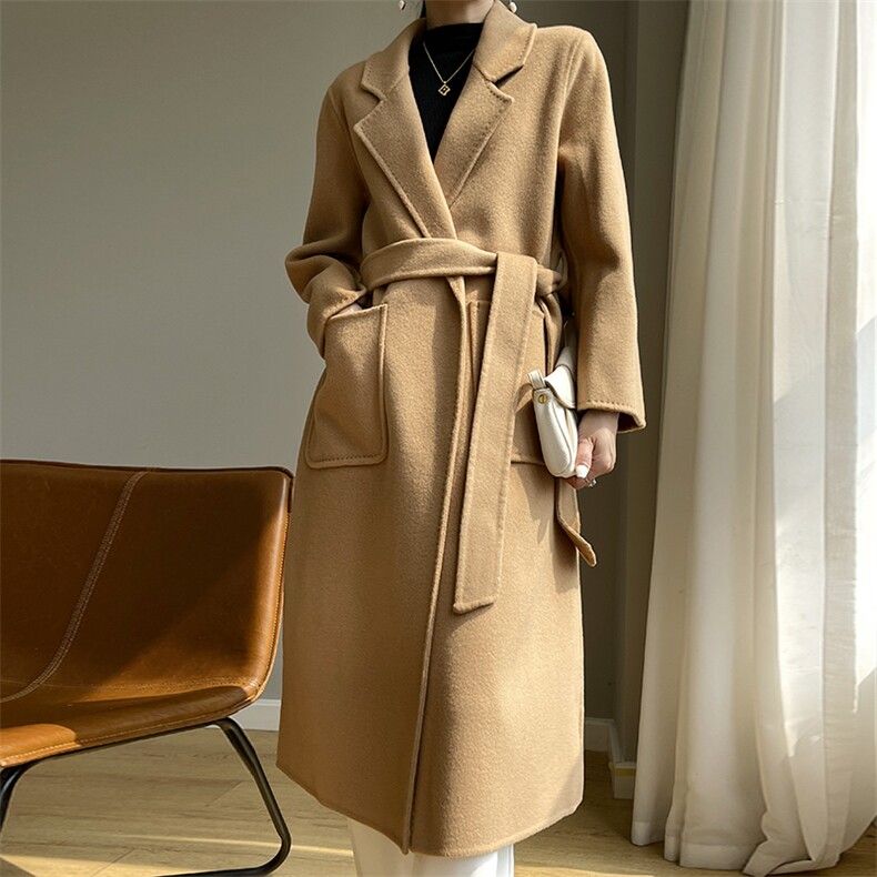 秋冬季羊毛时尚休闲经典V领无扣口袋腰带中长款大衣，女装双面呢大衣，温贝尔羊绒大衣