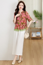 高端棉麻套装女2024夏季新款贵夫人妈妈印花衬衫九分阔腿裤两件套，女装套装/套裙，魅影