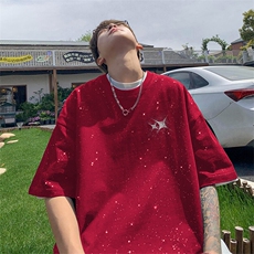 可48小时发货支持抖音得物来样二开美式满天星亮片短袖T恤MTX663，男装T恤，电商A486-1