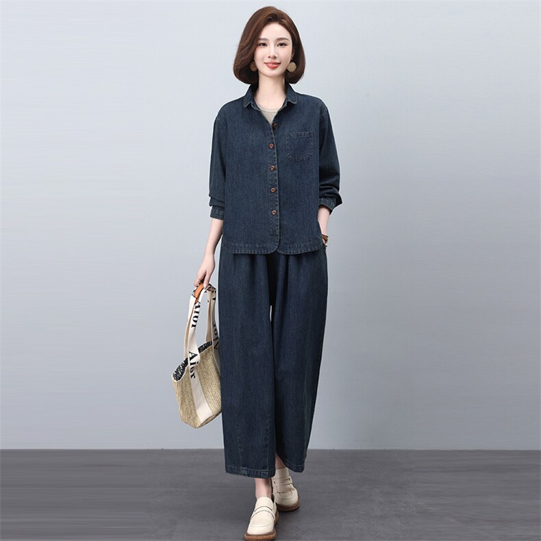 牛仔套装女2025年春秋新款时尚休闲宽松减龄洋气妈妈阔腿裤两件套,女装套装/套裙,悦见她