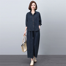 牛仔套装女2025年春秋新款时尚休闲宽松减龄洋气妈妈阔腿裤两件套，女装套装/套裙，悦见她