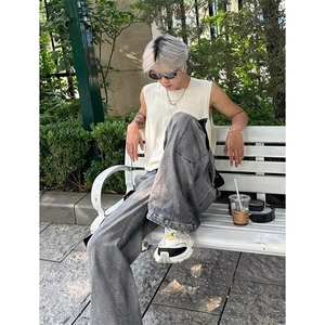 慵懒薄款小众镂空V领设计无袖针织背心男宽松美式复古套头上衣服图片