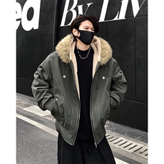 现货重磅boxy短款棉衣座山雕大毛毛领男女棉服水洗工装厚外套，男装棉衣，电商A486