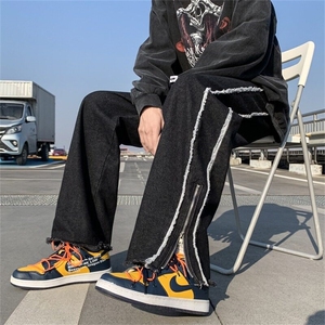 DK445-P40美式vibe风裤子高街ins潮牌黑色毛边牛仔裤男设计感炸街图片