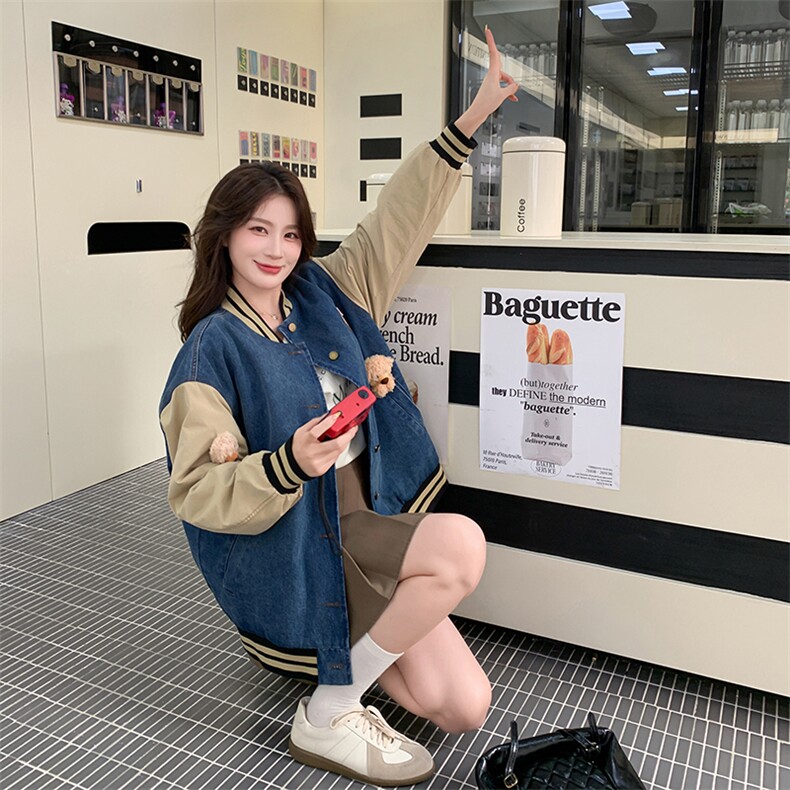 新款拼接牛仔外套女小熊棒球服夹克短款显瘦,女装牛仔外套,天使之佳话
