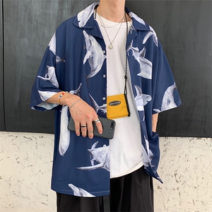 2021夏季新款男士鲨鱼印花宽松短袖衬衫百搭外套潮D85 P48图片