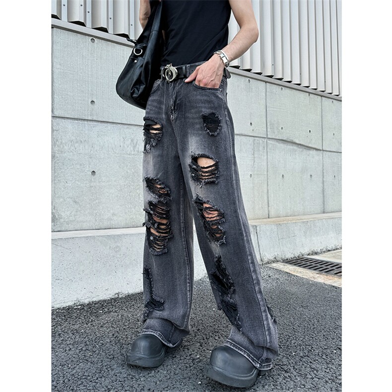 2024年夏季新款港风日系复古破洞水洗做旧牛仔裤男insZK3615-P50，男装牛仔裤，星座313A(原308A-2)