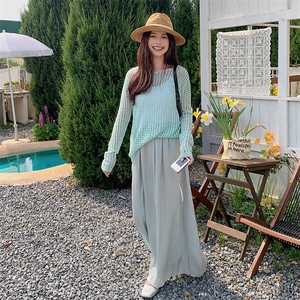 氛围感穿搭蓝色套装裙女2025春秋季新款镂空针织上衣半身裙两件套