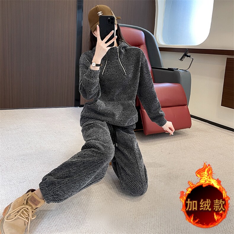 女秋冬时尚黑灰色加绒卫衣卫裤两件套,女装套装/套裙,江南