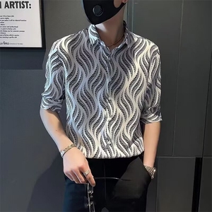 树叶花衬衫男五分袖春秋季痞帅发型师男装斑马纹印花衬衣 CS109图片