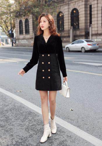 【现货】幂幂同款金丝绒V领拼接连衣裙，女装连衣裙，伊洛姿