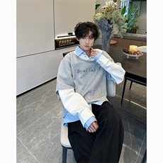 现货25春秋男士垫肩假三件叠穿效果衬衫套头卫衣wy50-p98，男装卫衣，电商B288