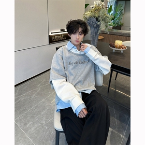 现货 25春秋男士垫肩假三件叠穿效果衬衫套头卫衣wy50-p98图片