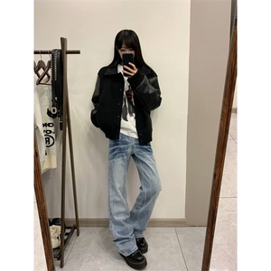 【有货】K7053CC-特P48 浅蓝色闪电纹牛仔裤男女设计感直筒裤子图片