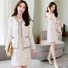 小香风毛呢套装春秋女气质优雅减龄修身显瘦洋气时尚两件套连衣裙，女装套装/套裙，香莘料