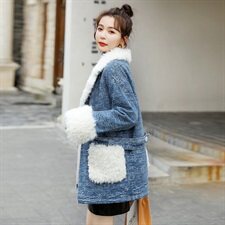 时尚拼接羊毛羔毛呢大衣女冬季新款加厚保暖外套显瘦百搭气质上衣，女装棉衣/棉服，秋水欣儿