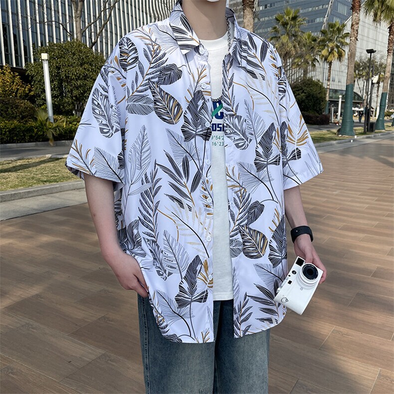 新款大码花男短袖夏季痞宽松上衣服外套翻领衬衫A012/824P35图片