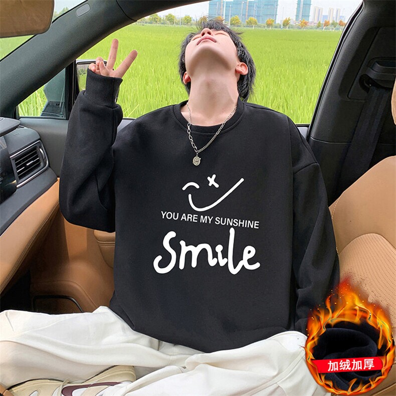 W387P35加绒45笑脸卫衣秋冬新款打底衫宽松套头圆领无帽上衣服t,男装卫衣,星座304A-1