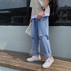 2021春夏港风男装破洞流苏直筒宽松九分牛仔裤N，男装牛仔裤，星座1013-1
