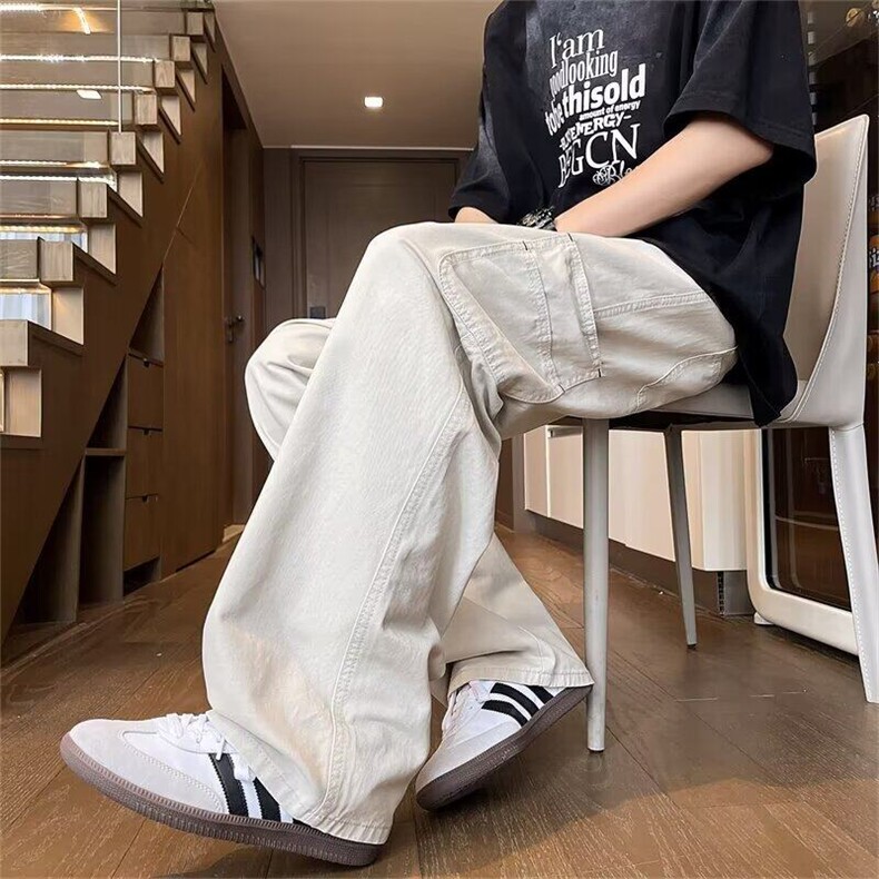 日系宽松直筒工装裤多口袋百搭复古长裤垂感休闲裤B45411-p43,男装休闲裤,星座1008