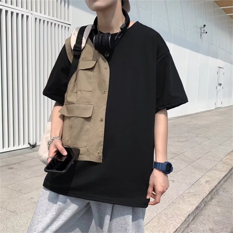 假两件工装短袖T恤男夏季ins潮牌复古宽松五分袖上衣 T1467-P28图片