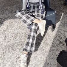 2021春装新款时尚舒适显瘦格子阔腿裤，女装休闲裤，深水步