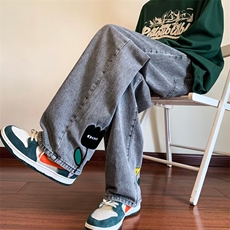 高街vibe风黑灰撞色字母刺绣直筒牛仔裤子秋季宽松阔腿XK8011P43，男装牛仔裤，星座1116-2