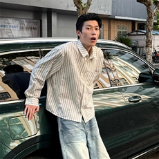 美式潮牌高街复古泡泡纱竖条纹日系肌理长袖衬衫男女休闲宽松衬衣，男装衬衫，电商A486