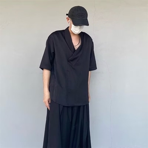山本耀司风短袖衬衫男夏季新款居家茶服发型师潮牌垂感v领上衣潮图片