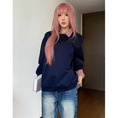 假两件格子拼接polo领卫衣女春秋季宽松薄款翻领上衣外套WAJ69，女装短外套，星座1116A（原606A-3）