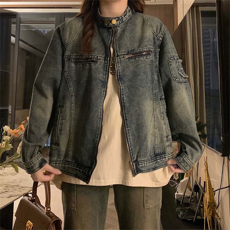 美式复古做旧水洗牛仔外套女2025春秋拉链宽松工装夹克潮C747-88,男装工装外套,星座911-2(原星座613-2）