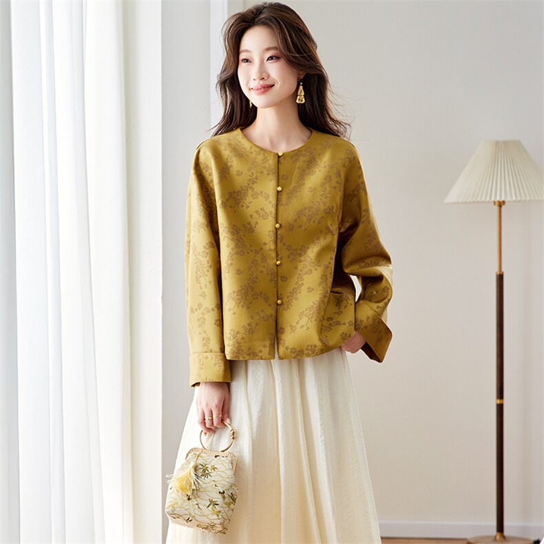 在仓~2026年春季圆领插肩袖单排扣真口袋提花带里布拼色外套,女装短外套,新依时派
