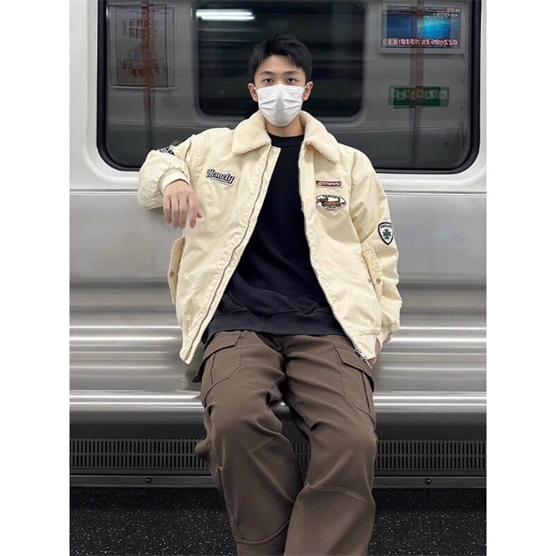 加绒加厚羊羔绒外套男款冬季美式摇粒绒棒球棉服翻领刺绣保暖棉衣,男装棉衣,星座908-1