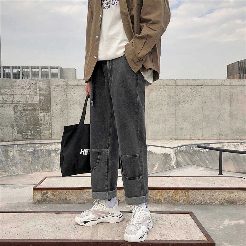 港风春款男牛仔裤工装大口袋宽松直筒九分裤N,男装牛仔裤,星座1013-1