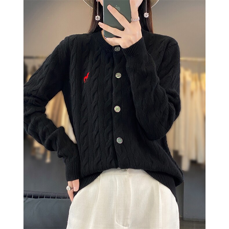 2024秋冬新款羊毛女士圆领麻花羊毛开衫,女装羊毛衫,润辉羊绒