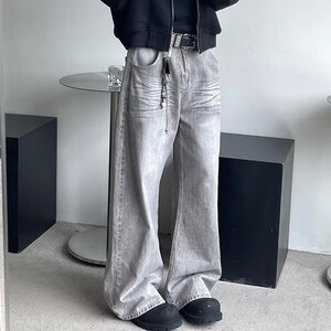 2025时尚夏季男生百搭直筒长裤显瘦阔腿裤设计感休闲设计感牛仔裤图片