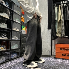 牛仔裤男复古美式潮流拼接毛边宽松bf休闲阔腿老爹裤N02241-P45，男装牛仔裤，星座308B-1