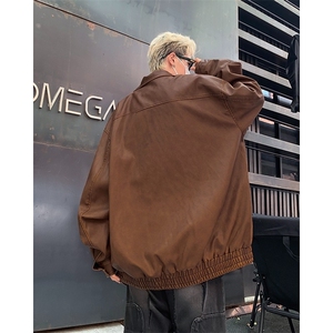 复古肌理感PU皮衣痞帅机车夹克宽松休闲分割设计翻领上衣外套Y169图片