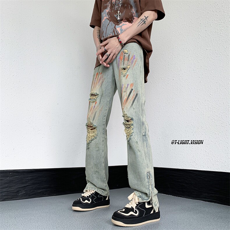 B221美式ins高街暗黑小众喷墨拉链破洞牛仔裤LK23085-P65控88,男装牛仔裤,电商B221