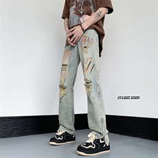 B221美式ins高街暗黑小众喷墨拉链破洞牛仔裤LK23085-P65控88，男装牛仔裤，电商B221