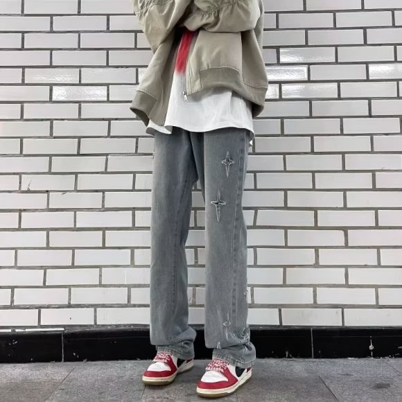 美式牛仔裤男潮牌春秋设计感星星阔腿裤子微喇裤潮CSL02P50,男装牛仔裤,星座1116-2