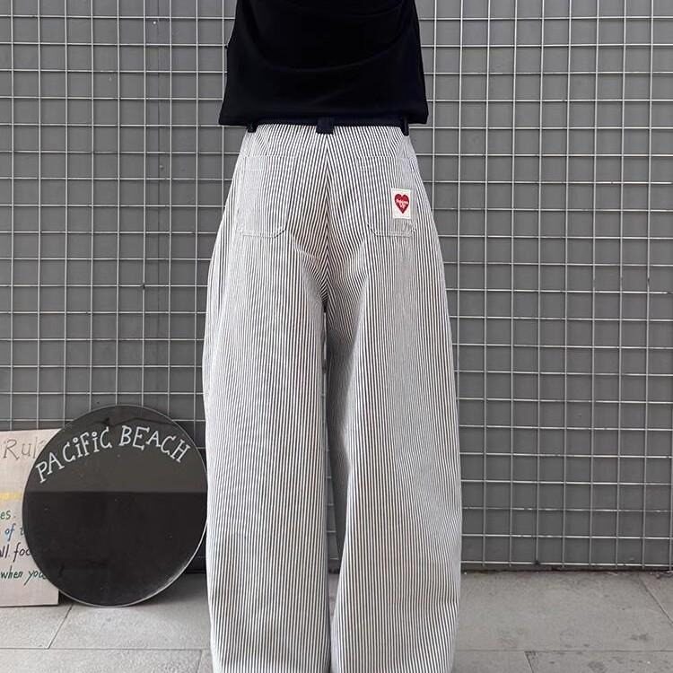 爱心刺绣条纹裤子男款美式复古中高腰直筒裤宽松阔腿弯刀微喇裤潮,男装休闲裤,星座603-2