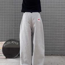 爱心刺绣条纹裤子男款美式复古中高腰直筒裤宽松阔腿弯刀微喇裤潮，男装休闲裤，星座603-2