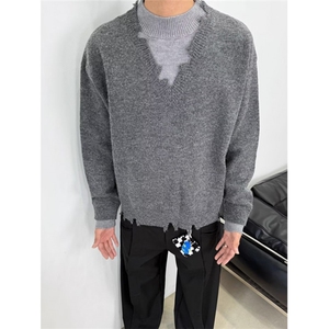 复古假两件破坏毛衣男时尚痞帅慵懒风宽松情侣毛边针织衫 M7701图片
